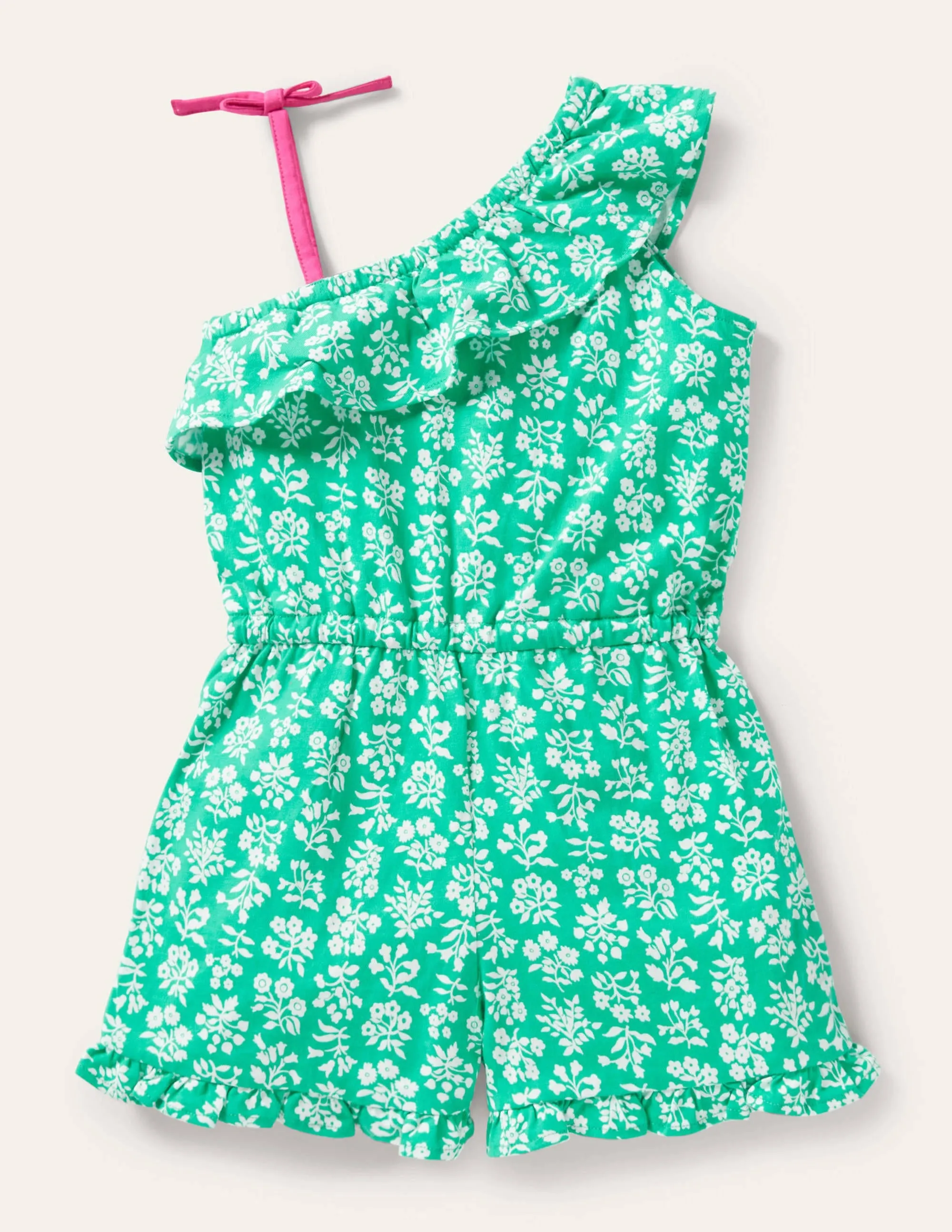 Jersey One Shoulder Playsuit-Tropical Green Woodblock