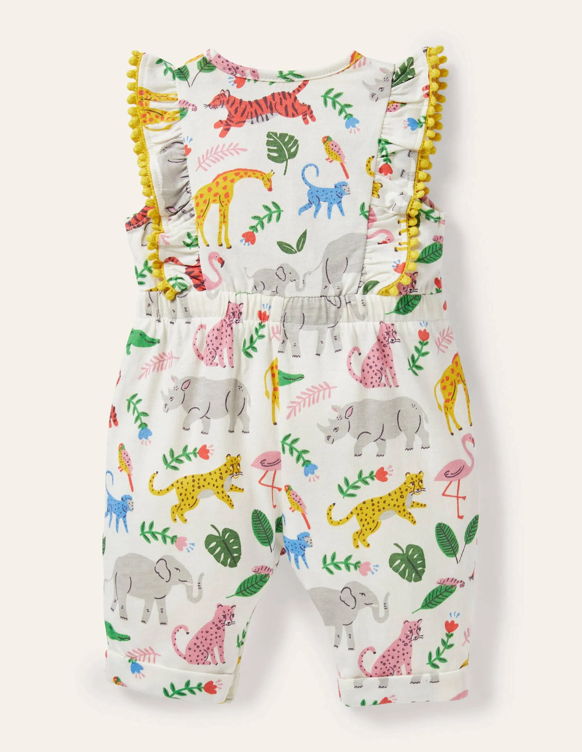 Jersey Ruffle Playsuit-Ivory Jungle Stamp