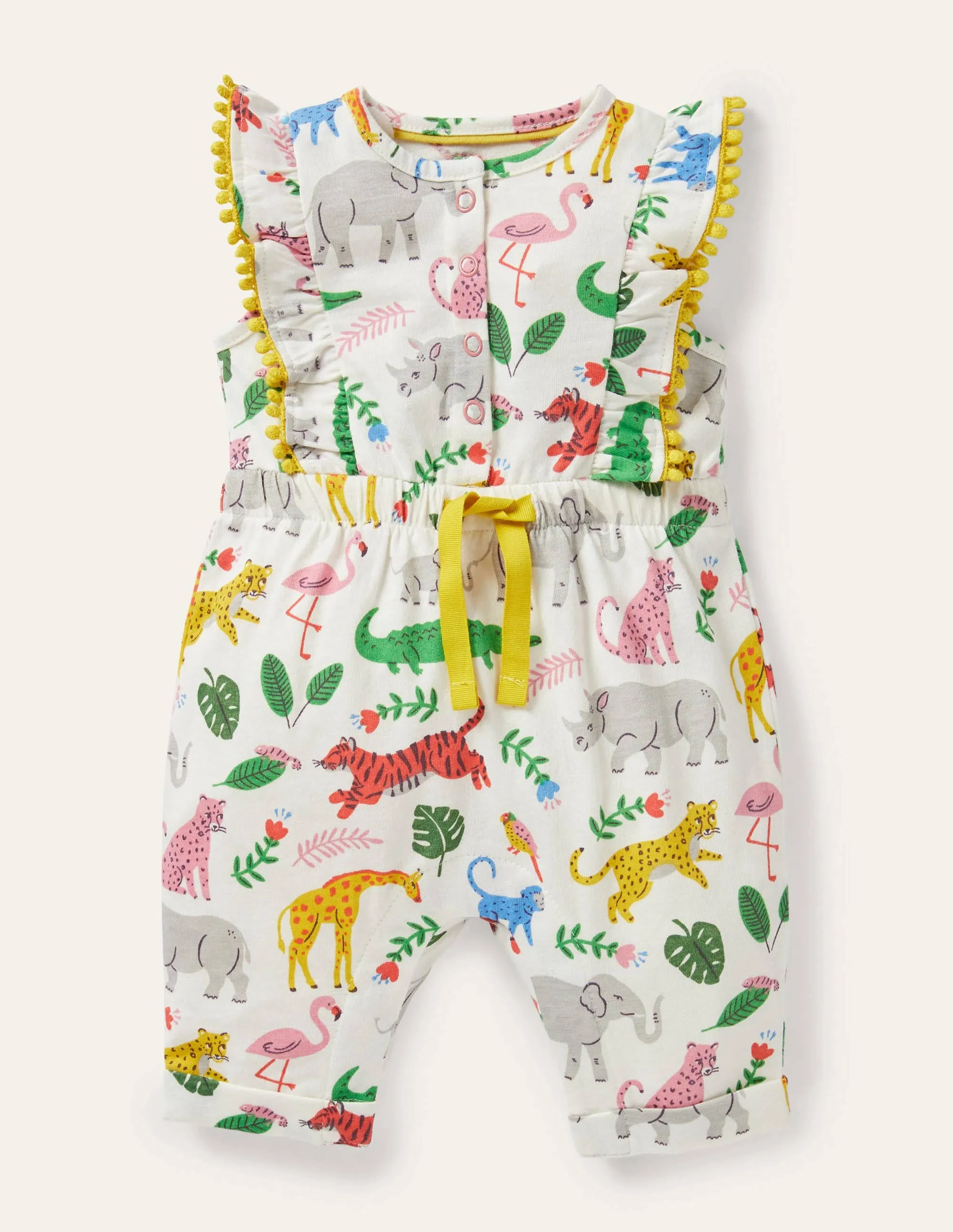 Jersey Ruffle Playsuit-Ivory Jungle Stamp