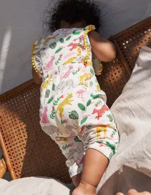 Jersey Ruffle Playsuit-Ivory Jungle Stamp