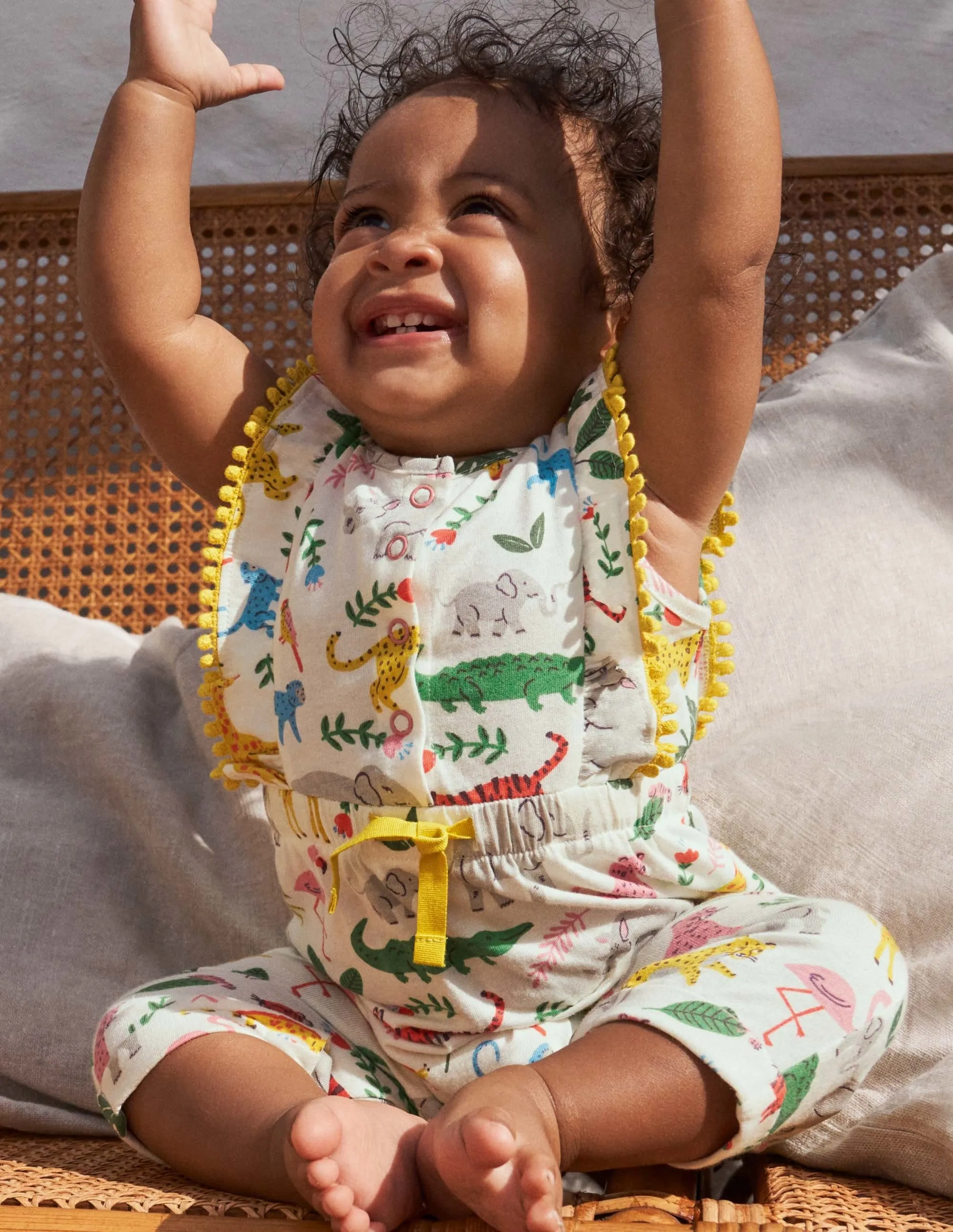 Jersey Ruffle Playsuit-Ivory Jungle Stamp