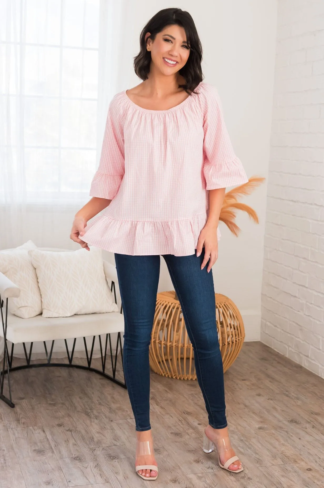 Perfection In Ruffles Modest Gingham Blouse