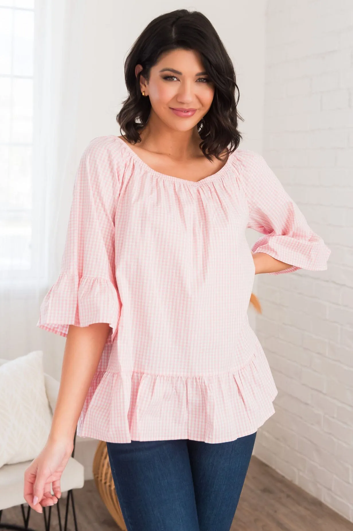 Perfection In Ruffles Modest Gingham Blouse