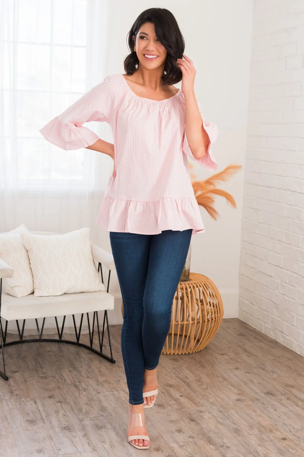 Perfection In Ruffles Modest Gingham Blouse