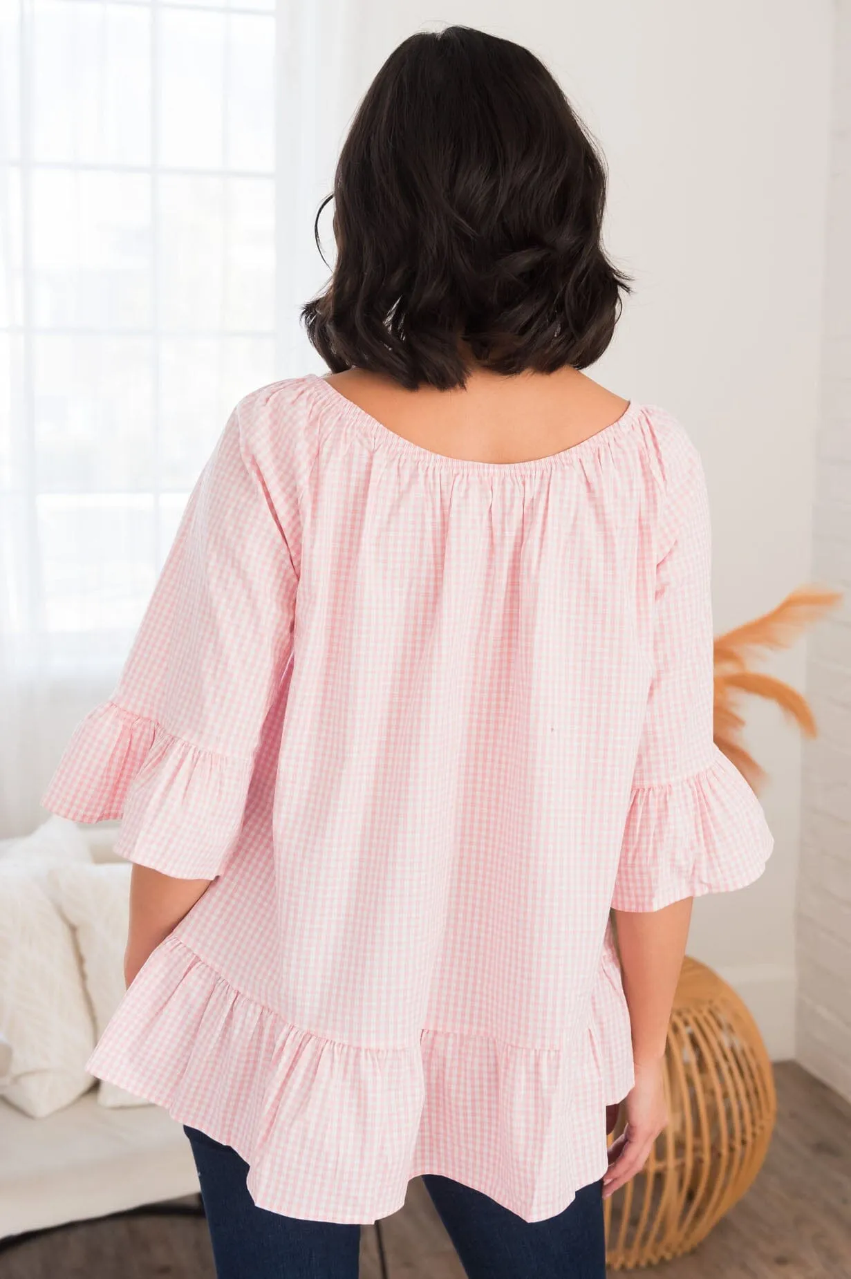 Perfection In Ruffles Modest Gingham Blouse