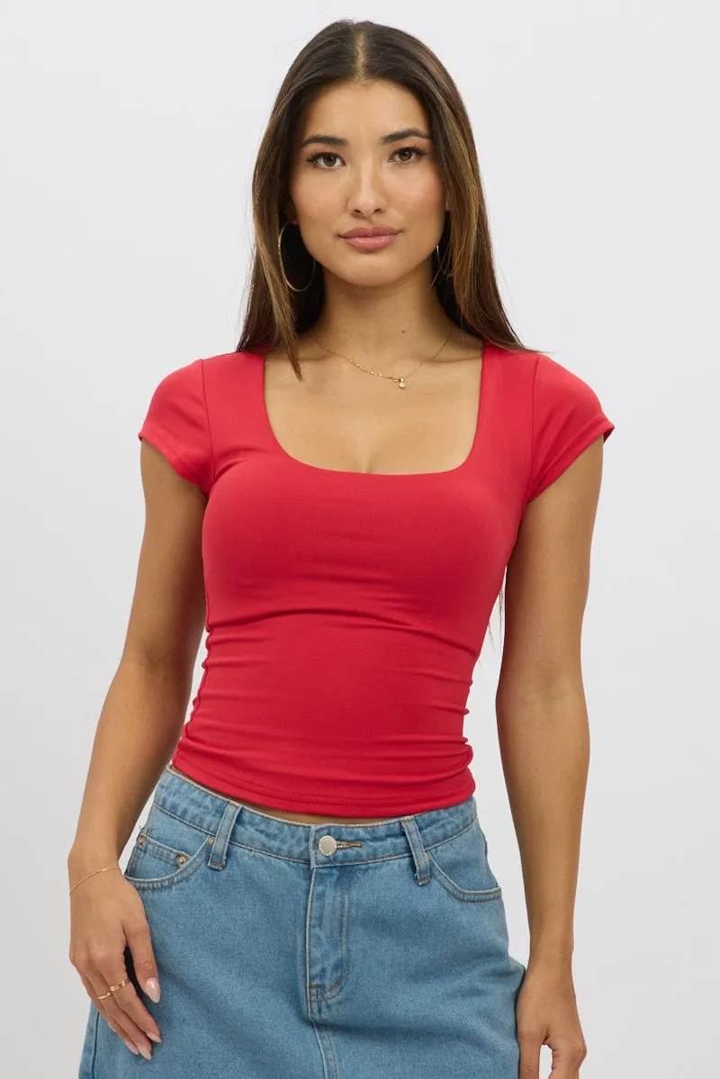 Red Supersoft Square Neck Cap Sleeve Top Double Layer