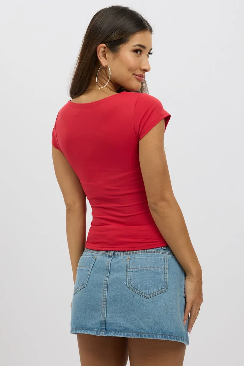 Red Supersoft Square Neck Cap Sleeve Top Double Layer
