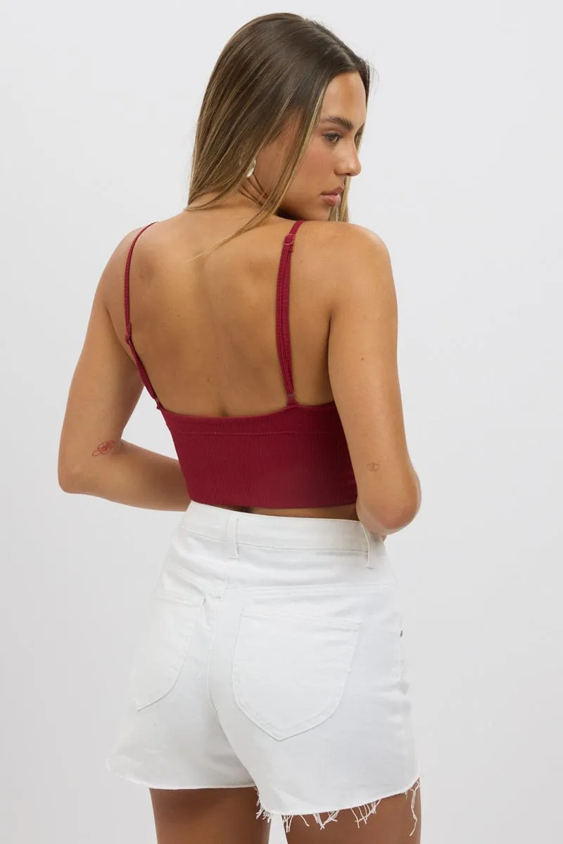Red V Neck Cami Crop Top Seamless