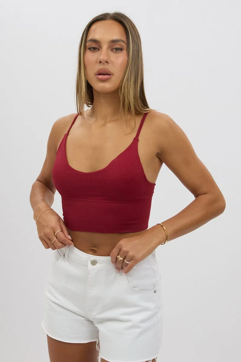 Red V Neck Cami Crop Top Seamless