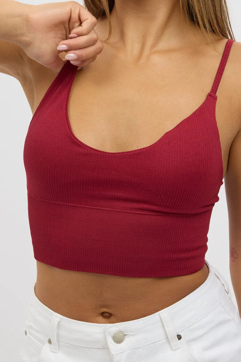 Red V Neck Cami Crop Top Seamless