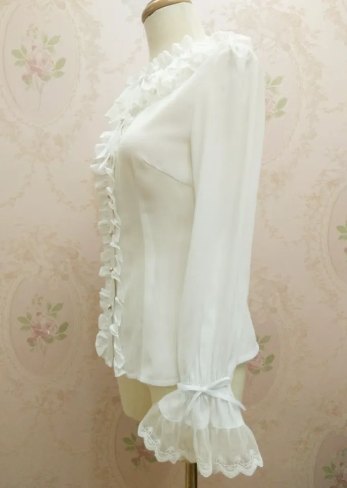 Ruffled Double Lace Collar With Bow Long Sleeve Blouse