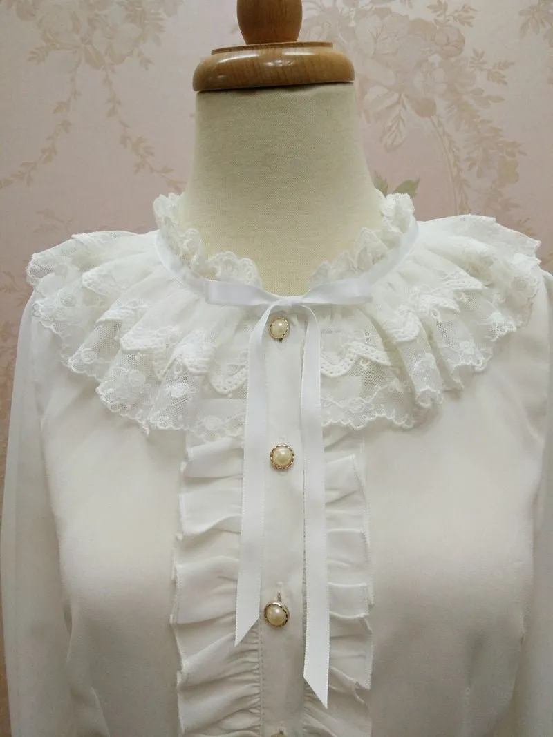 Ruffled Double Lace Collar With Bow Long Sleeve Blouse