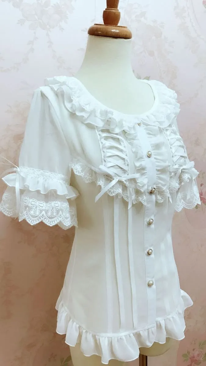 Ruffled Open Collar Short Sleeve Blouse (3 Colors, Multiple Sizes)