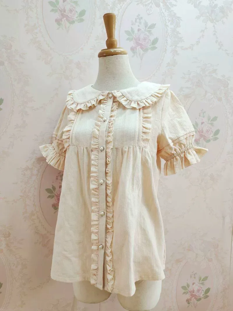 Ruffled Short Sleeve Cotton Blouse