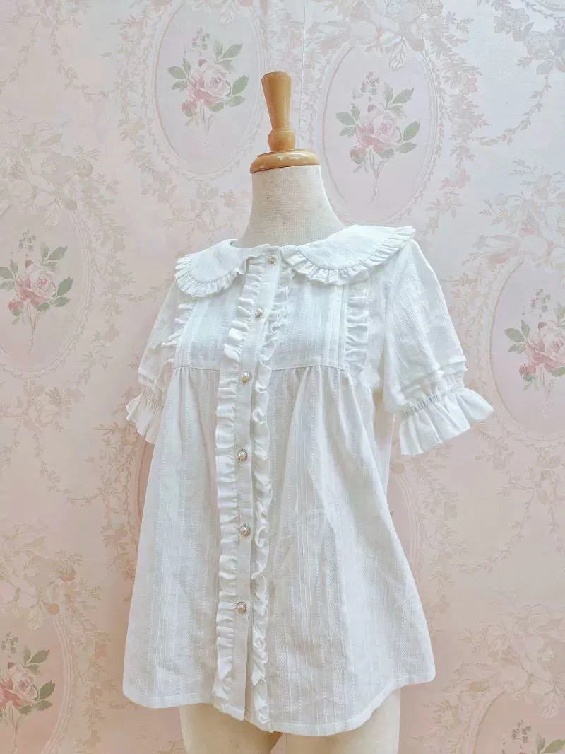 Ruffled Short Sleeve Cotton Blouse