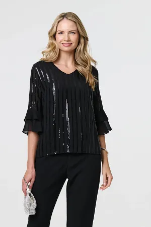 Sequin Stripe Ruffled 3/4 Sleeve Blouse