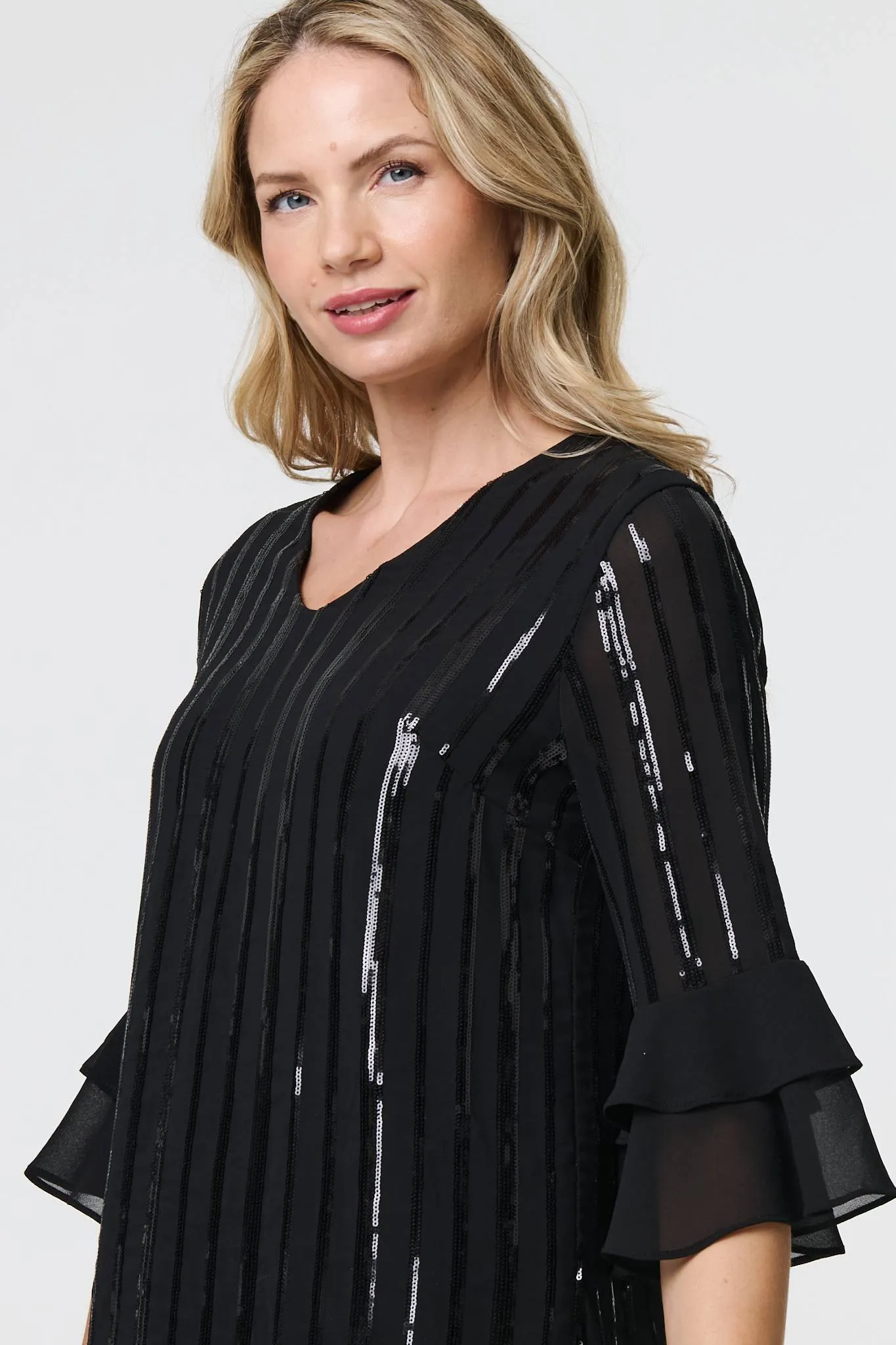 Sequin Stripe Ruffled 3/4 Sleeve Blouse