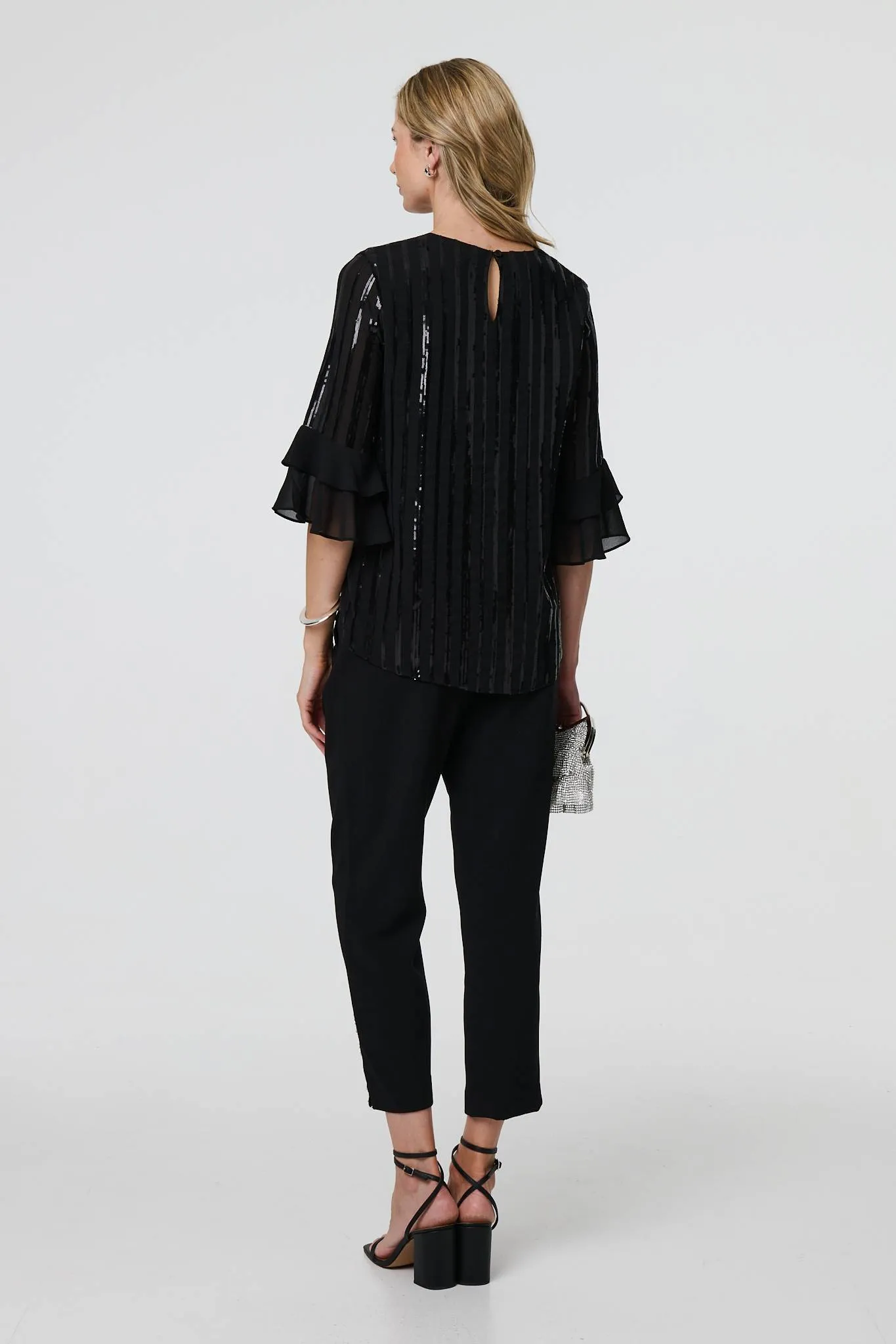 Sequin Stripe Ruffled 3/4 Sleeve Blouse