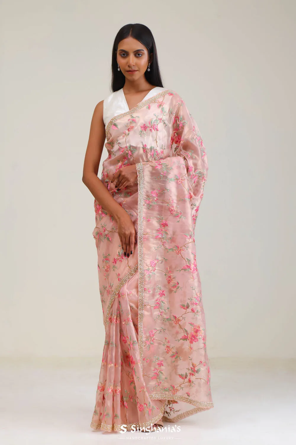 Spanish Pink Tissue Saree With Embroidery Detail