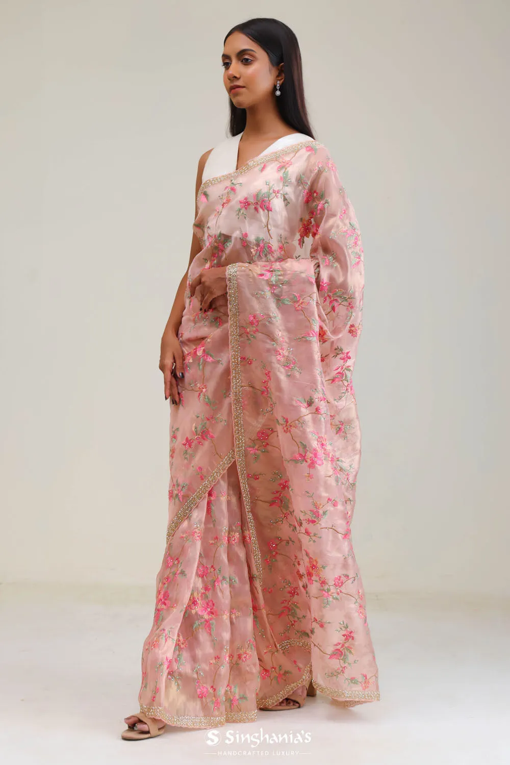 Spanish Pink Tissue Saree With Embroidery Detail