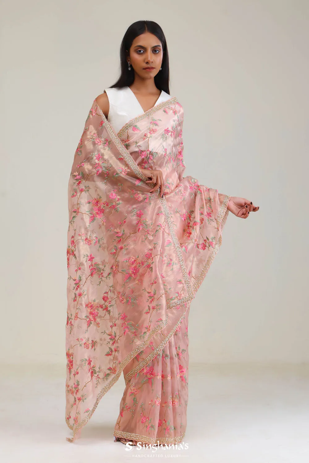 Spanish Pink Tissue Saree With Embroidery Detail