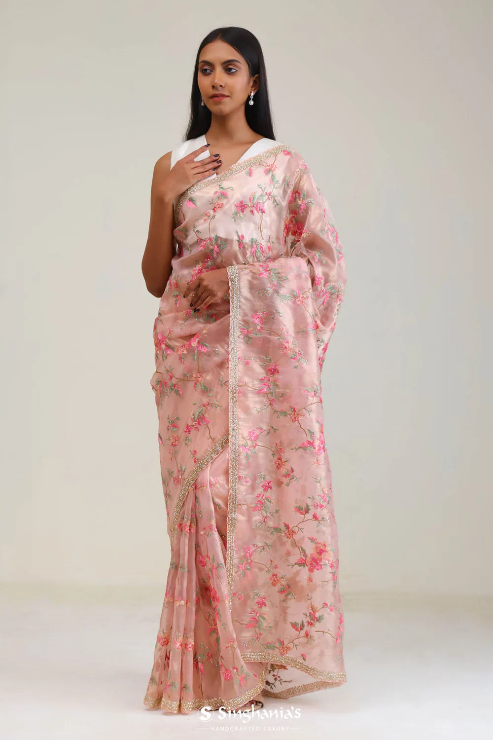 Spanish Pink Tissue Saree With Embroidery Detail