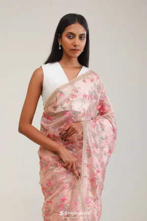Spanish Pink Tissue Saree With Embroidery Detail