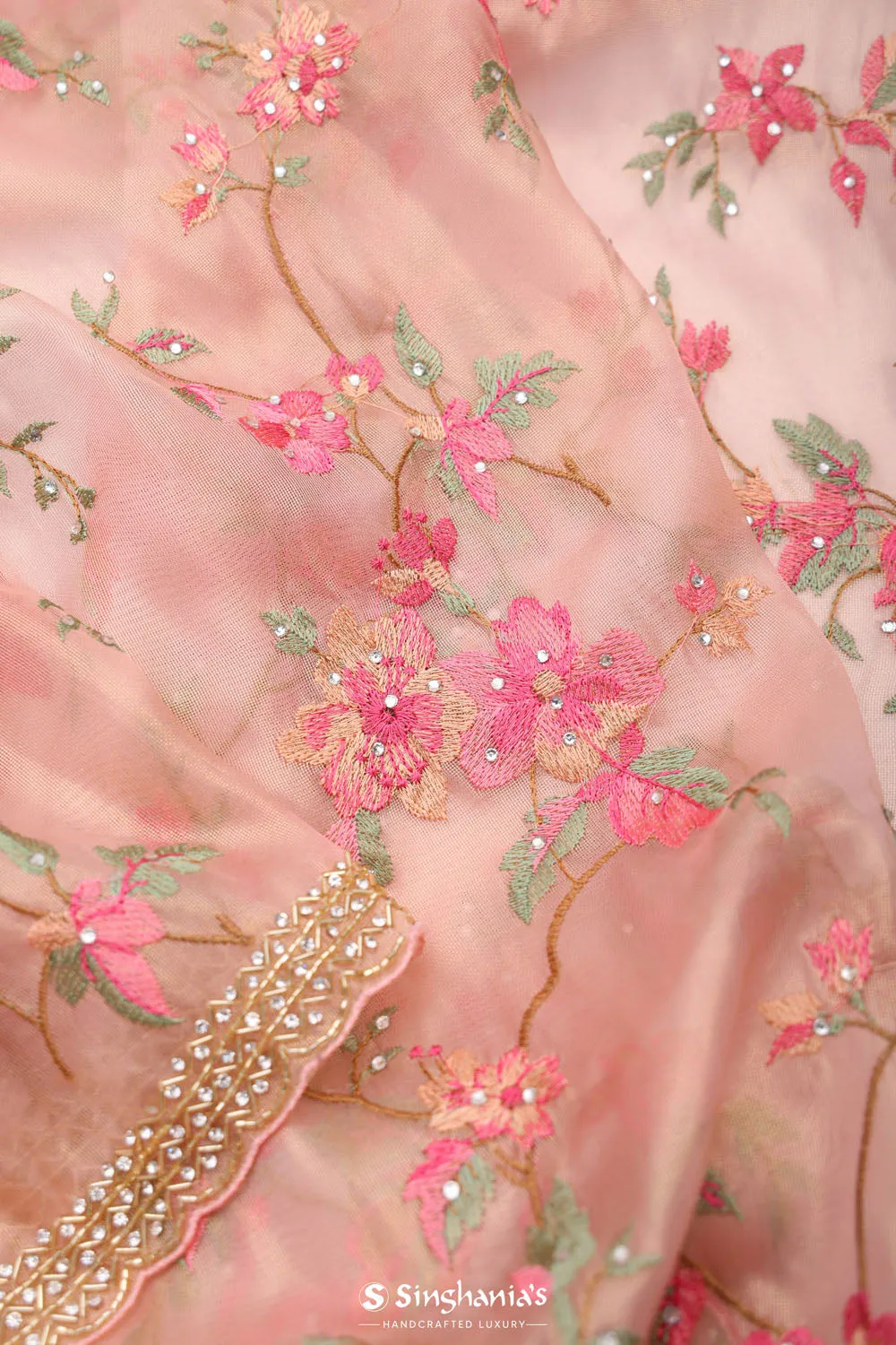 Spanish Pink Tissue Saree With Embroidery Detail
