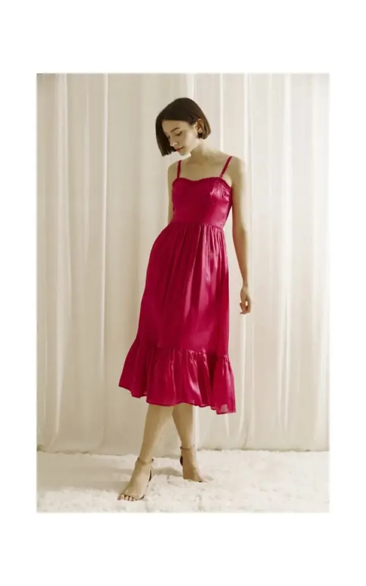 Storia - Monochromatic Bustier Midi Dress in Magenta
