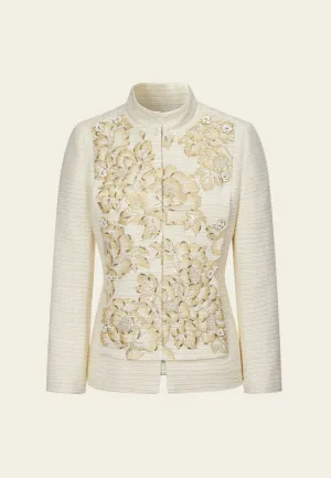 Stripped Stand-collar Floral-embroidery Lurex-detail Tweed Jacket