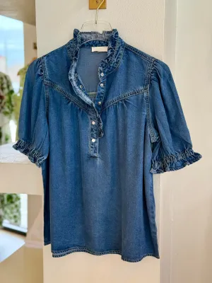 Su7020 Ruffled Denim Blouse