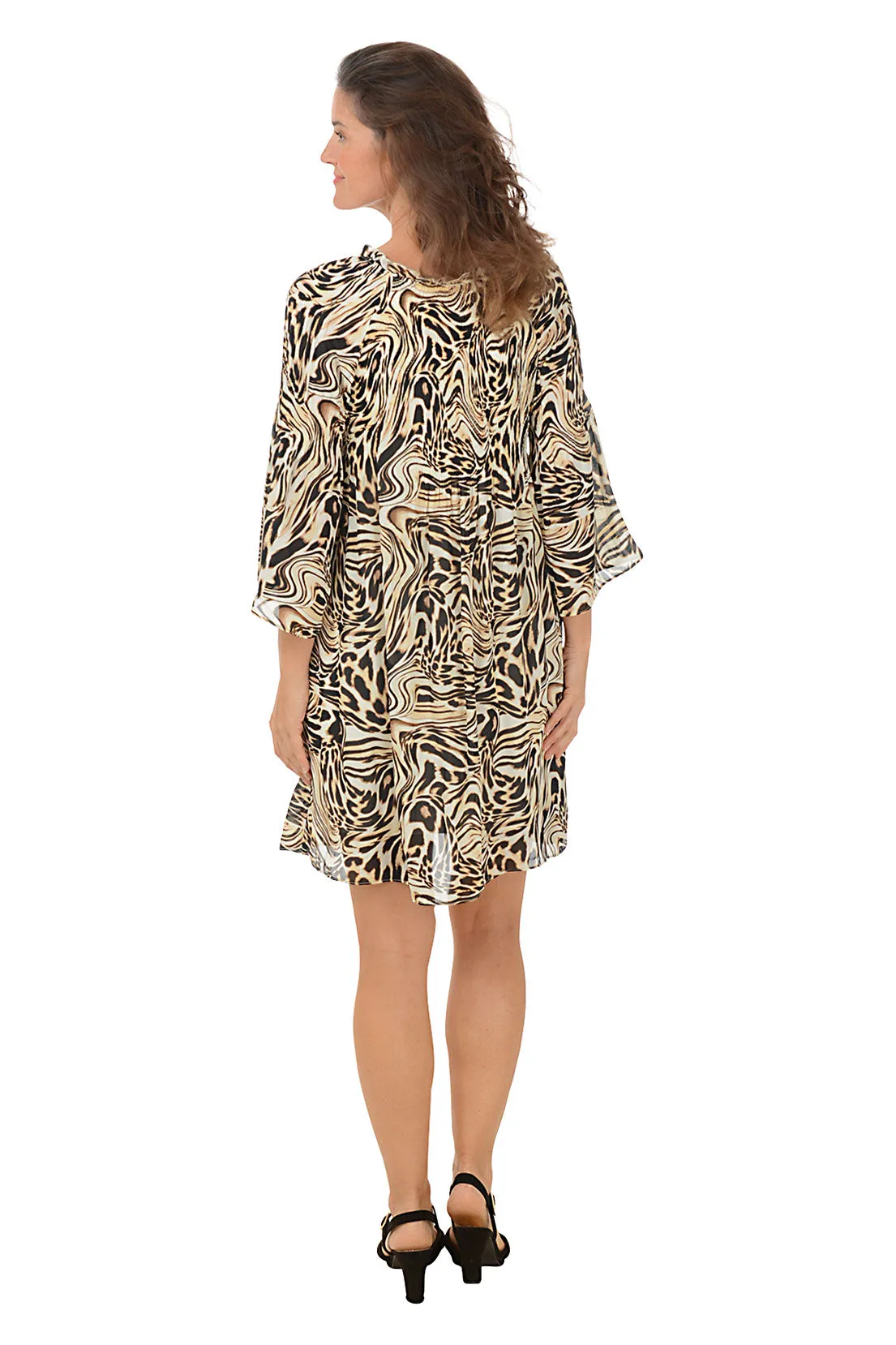 Swirled Animal Pleated Bell Sleeve Dress