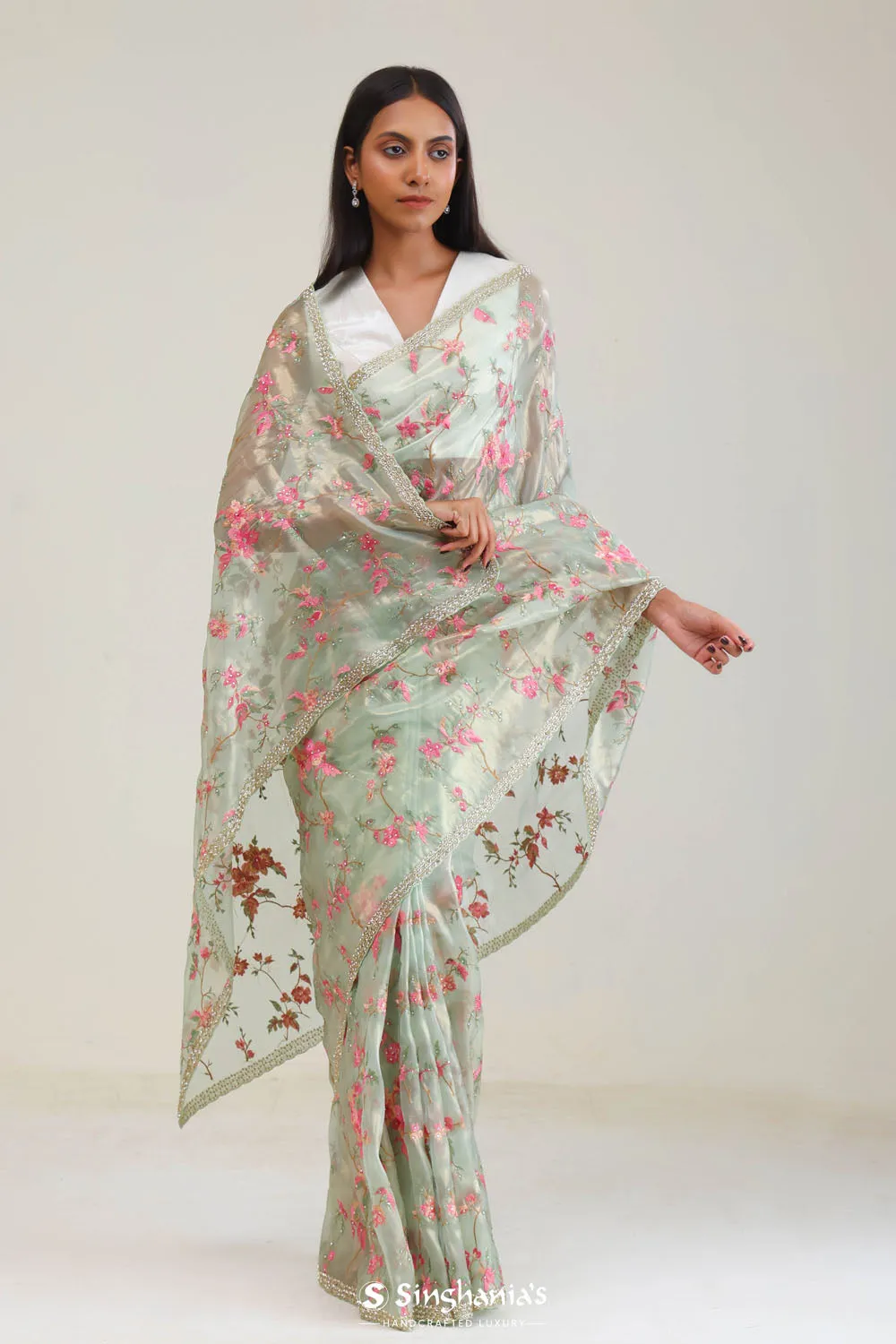 Tiffany Blue Tissue Saree With Embroidery Detail