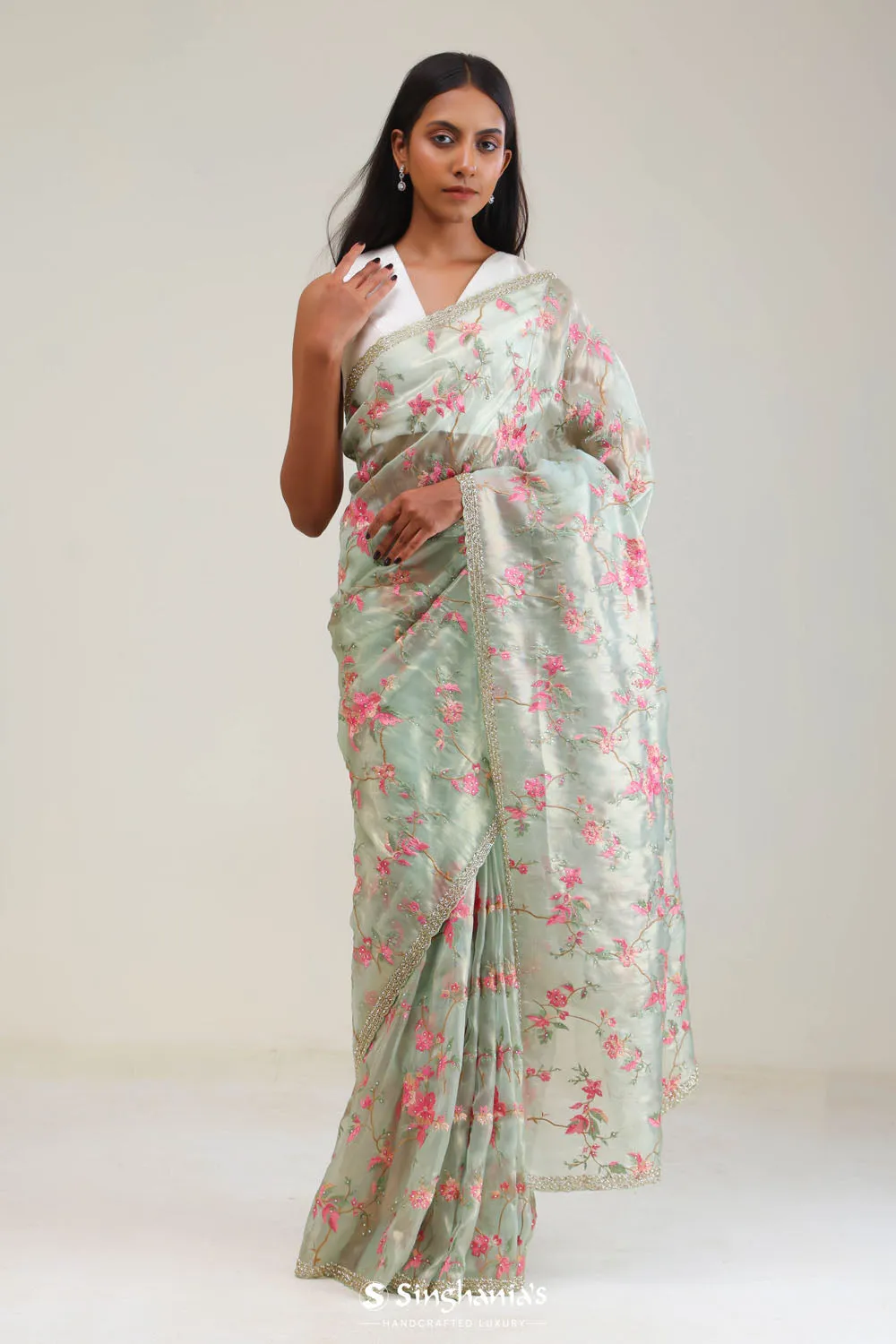 Tiffany Blue Tissue Saree With Embroidery Detail