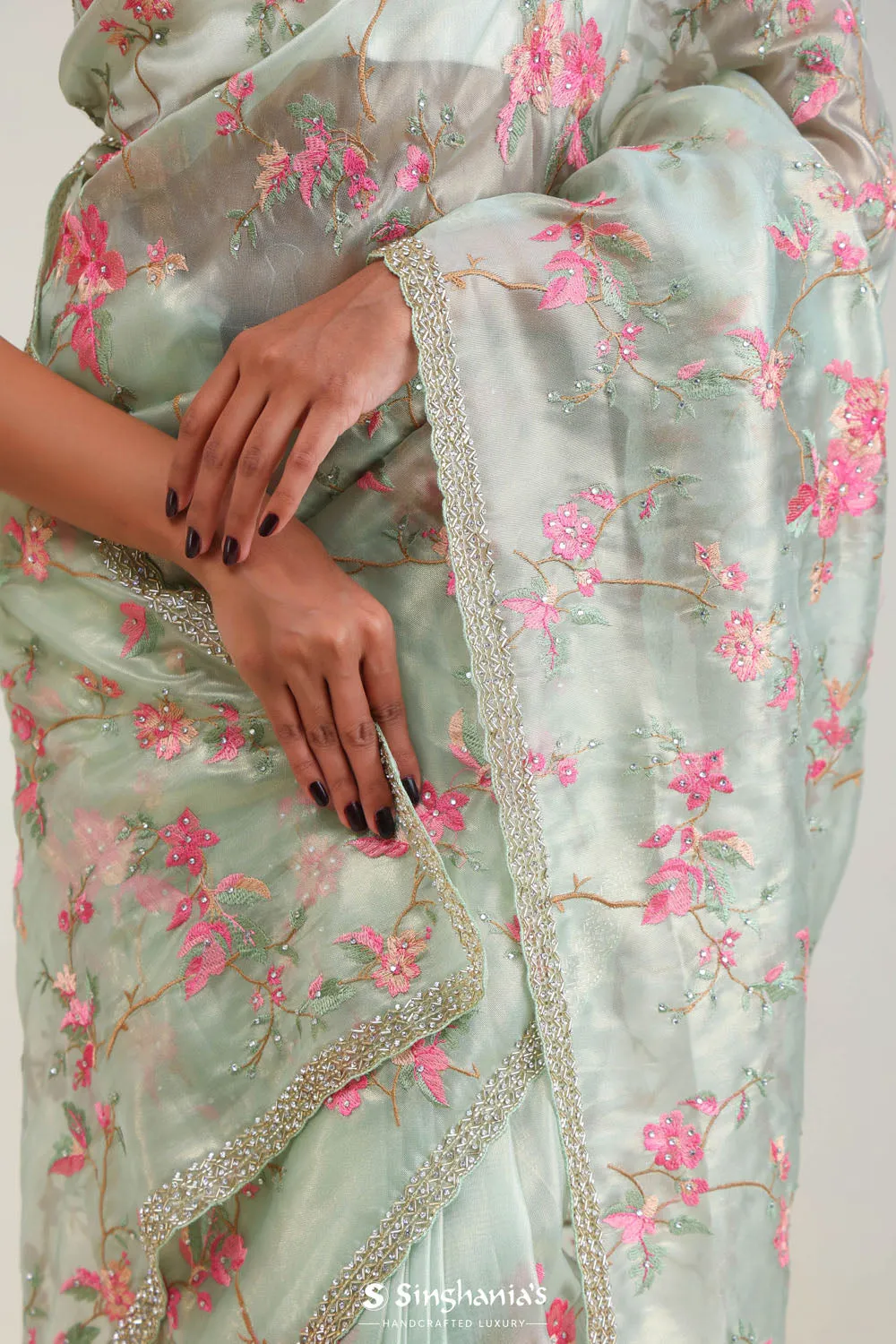 Tiffany Blue Tissue Saree With Embroidery Detail