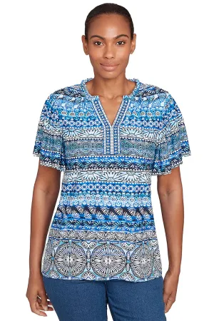 Tinted Tides Embroidered Puff Print Top