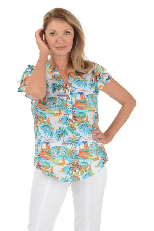 Tropical River Ruffled Short Sleeve Blouse