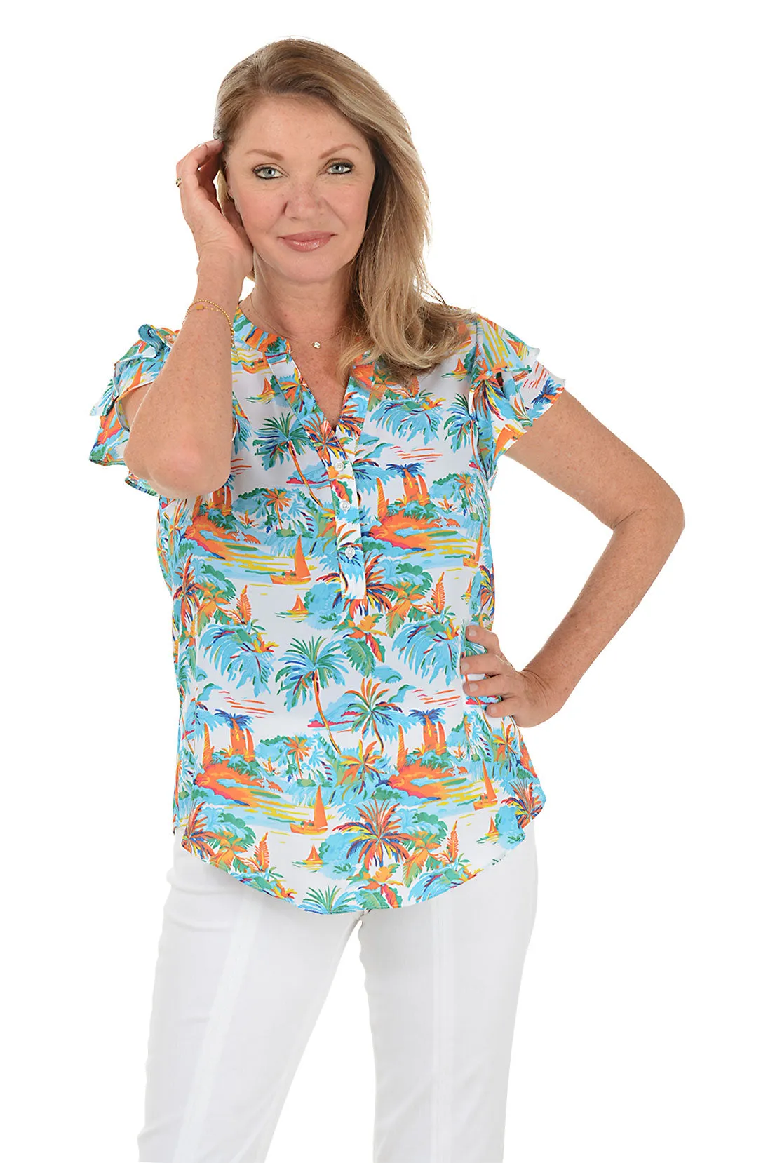 Tropical River Ruffled Short Sleeve Blouse