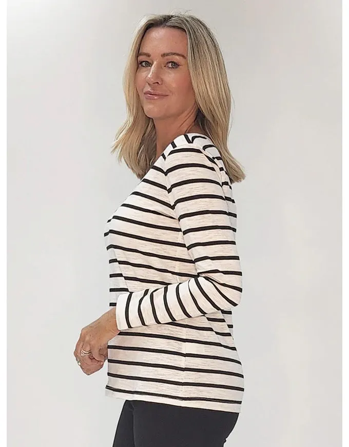 V Neck Stripe Tee Shirt White/Black