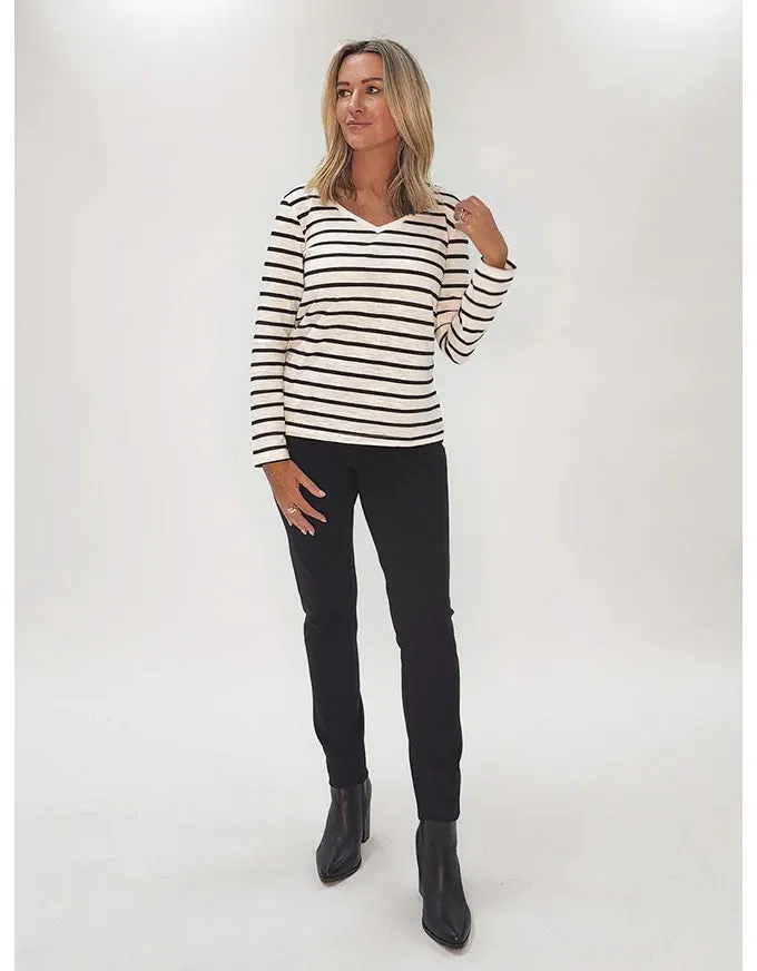 V Neck Stripe Tee Shirt White/Black