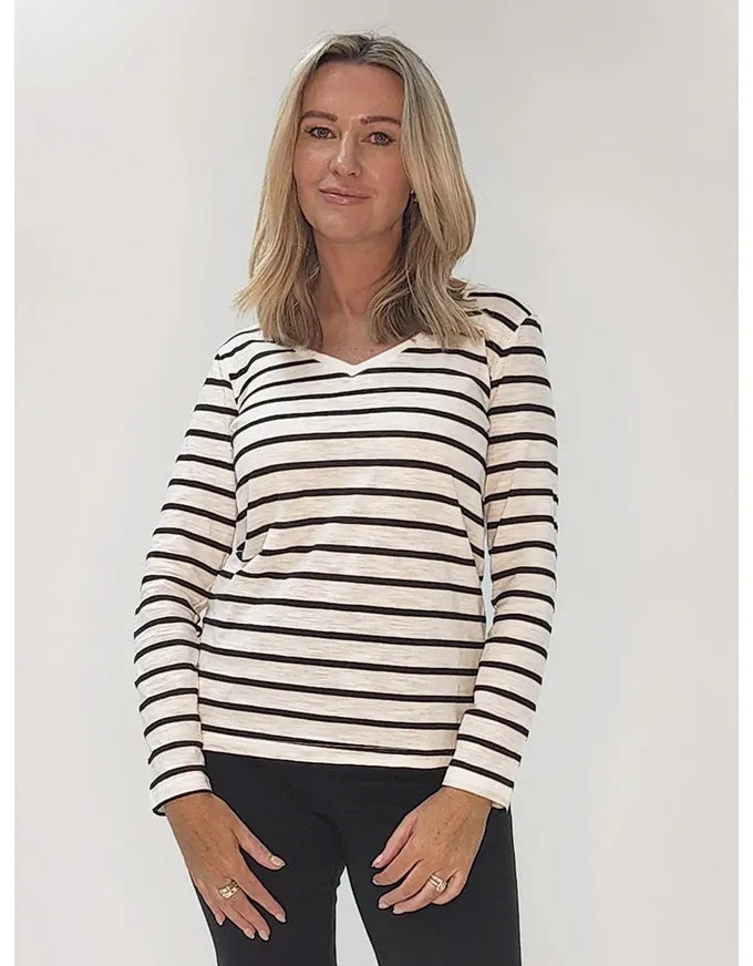 V Neck Stripe Tee Shirt White/Black