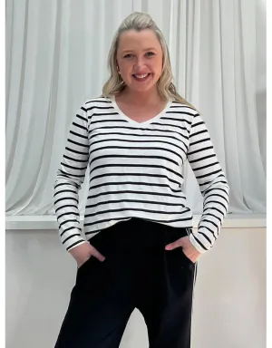 V Neck Stripe Tee Shirt White/Black
