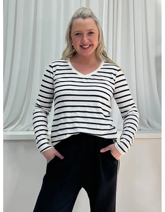 V Neck Stripe Tee Shirt White/Black