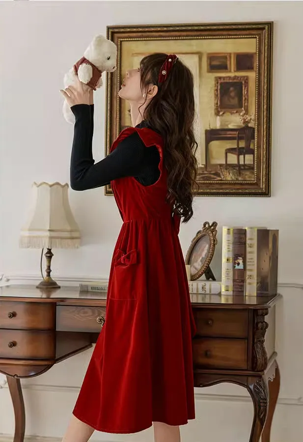 Velvet Frilly Bow Pinafore Dress (Red)