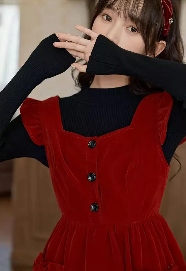 Velvet Frilly Bow Pinafore Dress (Red)