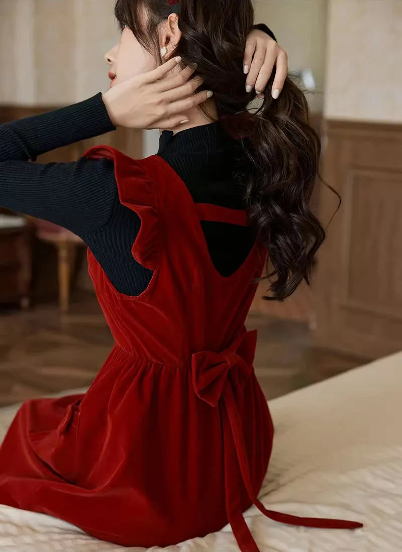 Velvet Frilly Bow Pinafore Dress (Red)