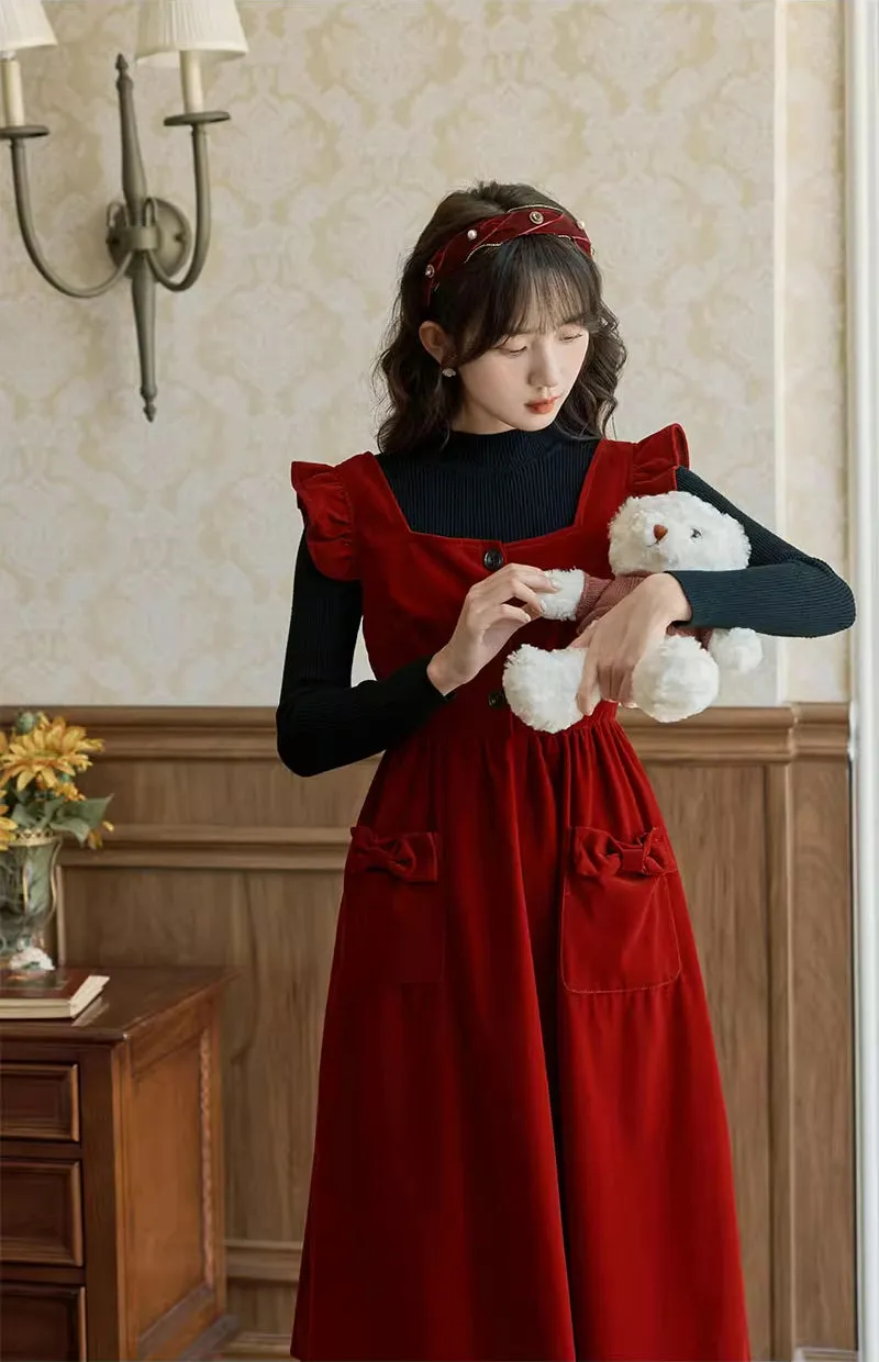 Velvet Frilly Bow Pinafore Dress (Red)