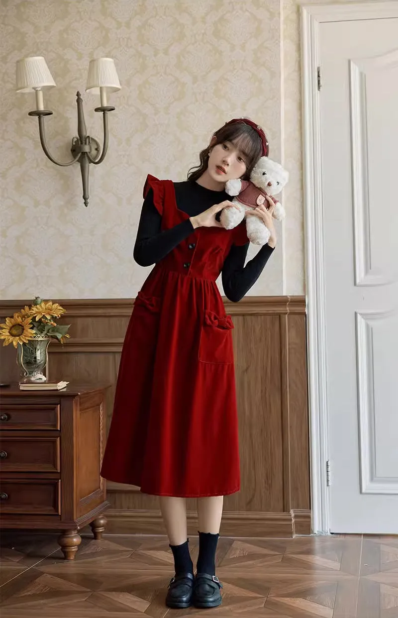 Velvet Frilly Bow Pinafore Dress (Red)