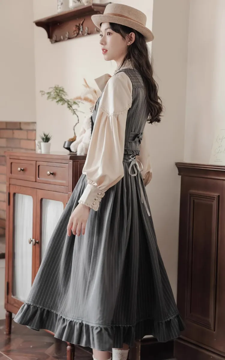 Victoria Stripe Midi Skirt (Gray)