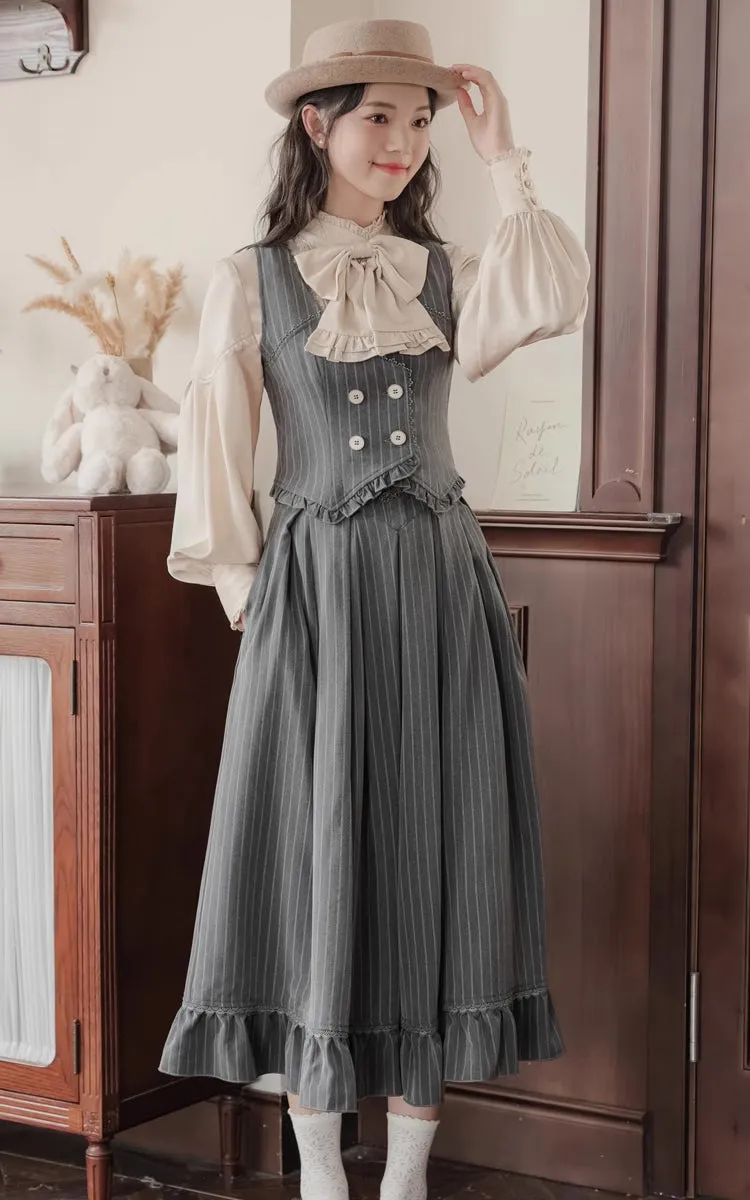 Victoria Stripe Midi Skirt (Gray)